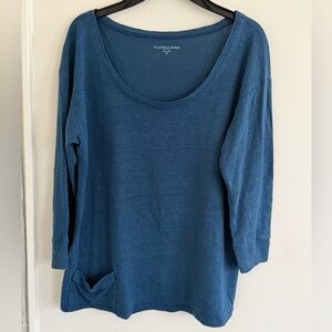 Eileen Fisher Blue Linen Jersey Knit Top Size Petite S scoop neck 3/4 sleeves